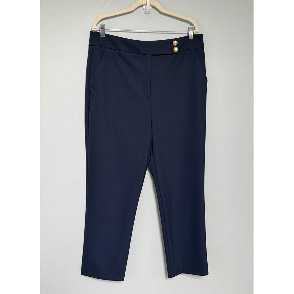 Quince Scuba Slim Ankle Pants Deep Navy Blue Gold Crest Button Size 16 NEW